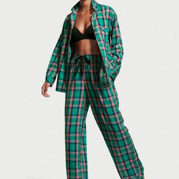 Victoria's Secret Teal Blue and Pink Plaid Flannel 2pc Pockets PJ's Size M - Picture 1 of 16